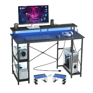 Birou de calculator, Birou de gaming reversibil 120 cm, Lumini LED inteligente, Prize integrate, Suport pentru monitor, Rafturi cu 2 niveluri, Negru