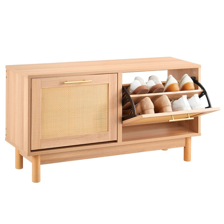 Cipőpad, tárolópad, 100 x 30 x 53 cm méretű, 2 billenőfiókkal, 4 rekesszel, 2 rattan ajtóval, előszobába