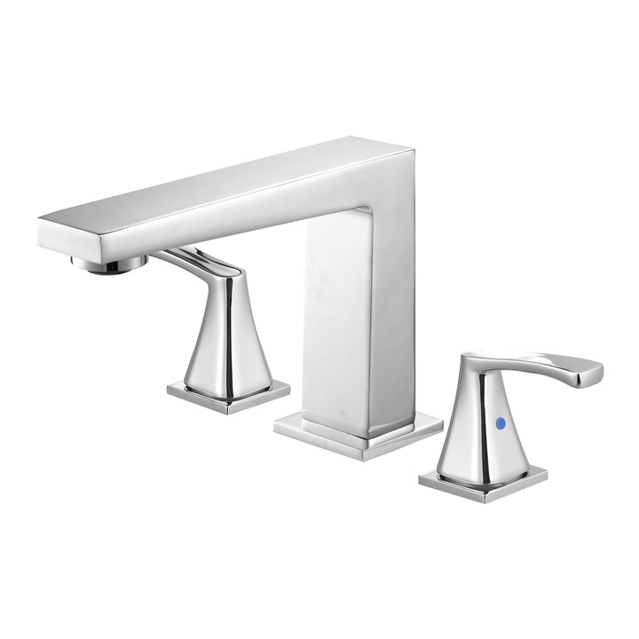 Kádra szerelhető csaptelep, 3 lyukú, 2 fogantyús, kézi zuhany, derékszögű kifolyócső, ezüst