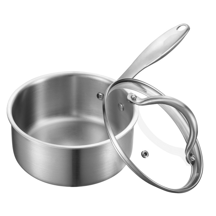 Cratita inox, Oala mica 1, 42 L, Capac de sticla, Antiaderenta, Compatibila cu inductie, Maner ergonomic, Pentru cuptor si masina de spalat vase