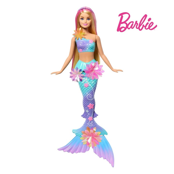Papusa Barbie EBA Sirena Blooming Magic, flori irizate, aripioare ombre, multicolor, 30cm
