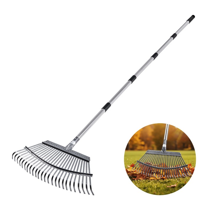 Grebla pentru frunze, Grebla telescopica de gradina, Dinti metalici 25, Latime cap 46, 5 cm, Maner telescopic 92, 5–185 cm, Otel inoxidabil rezistent, Pentru peluze si frunze mici