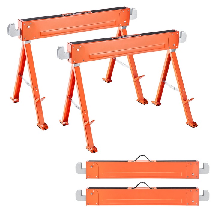 Capre de lucru pentru ferastrau si taiat lemn, Set 2 Bucati, Pliabile, Sarcina 600 kg, Cu Picioare Rezistente, Metal, Tampoane Antiderapante, Portabile
