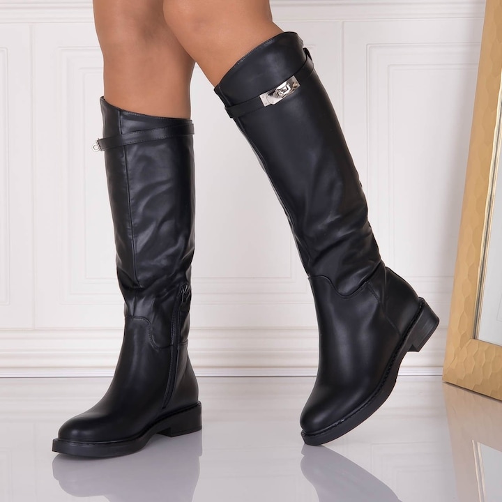 Cizme dama Negre din Piele Ecologica Avlonia, Negru