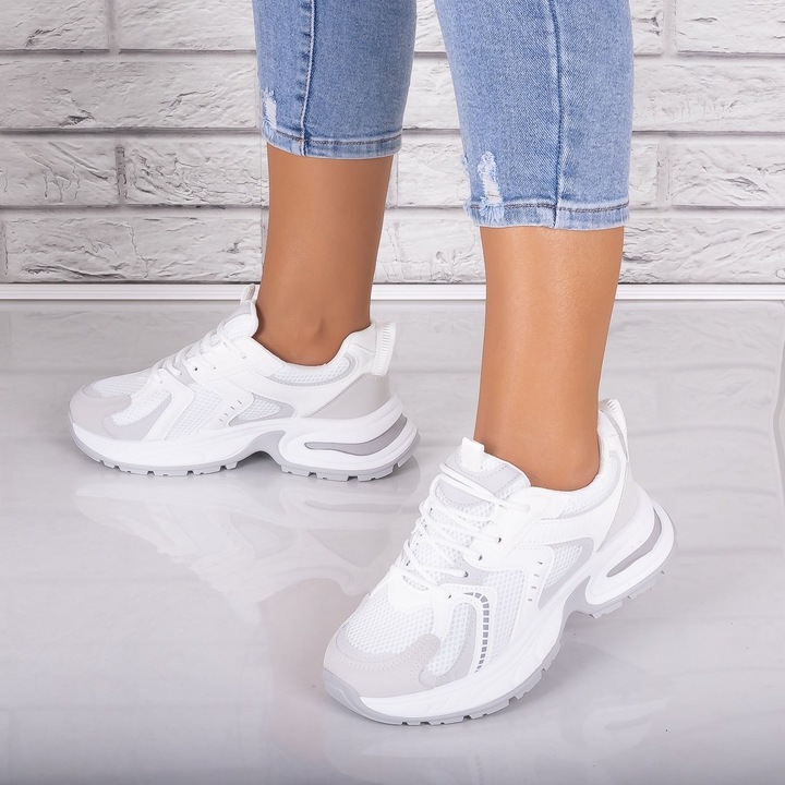 Adidasi dama Albi/gri din Piele Eco/ Textil Sianna, Alb