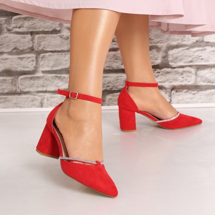 Pantofi dama cu toc Rosii din Piele Ecologica Intoarsa Glorinda, Rosu