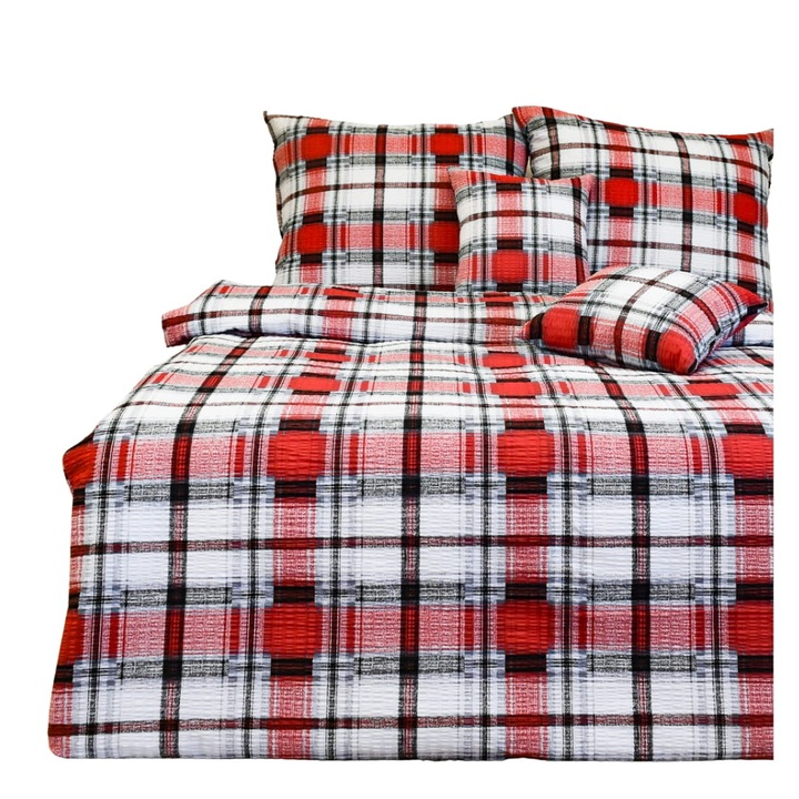 Krepp ágyneműhuzat garnitúra, 200x220 cm, 2 db 70x80 cm, piros-fekete-szürke kockás, 160g/m2 pamut, cipzárral, Oeko-Tex 100, nem igényel vasalást, vintage design, kiváló minőség, nagyon puha anyag, rendkívül tartós