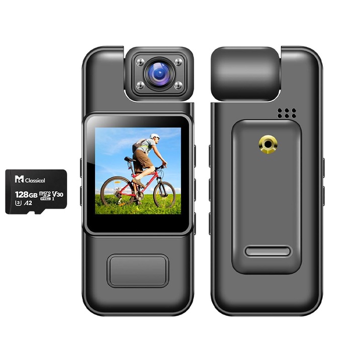 Екшън камера 4K, Rqiurpn, със 180° въртящ се обектив, 128GB, компактен и лек дизайн