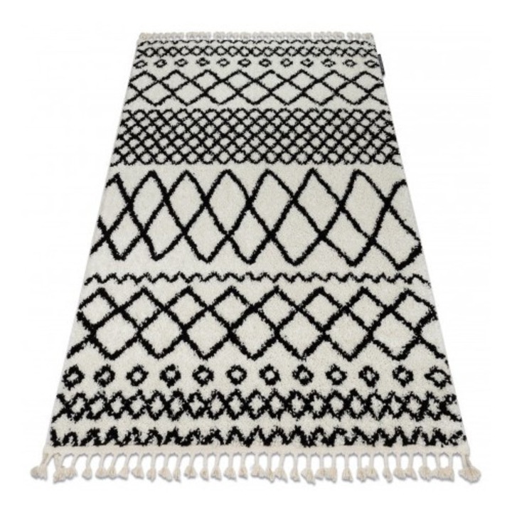 Kab. Szőnyeg BERBER SAFI N9040 fehér / fekete Rojt shaggy 200x290 cm