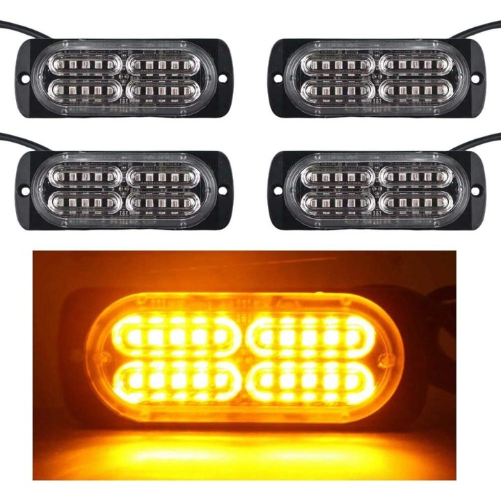 Set 4 bucati, Lumina stroboscop LED / lumini strobe 60W 20-LED, 12V-24V universal, 19 moduri intermitente cu functie memorie, carcasa neagra lentila transparenta, IP67, Galben