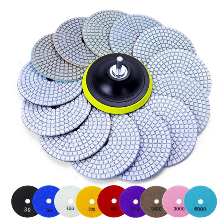 Rqiurpn 16 db 4 hüvelykes többszínű gyémánt polírozó tárcsa készlet, 30-6000 szemcseméret