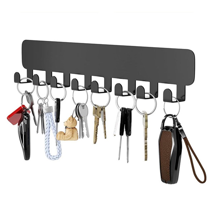 Suport pentru chei Asskanaer, 8 agatatoare, montaj perete, negru, 32x6.7x2cm