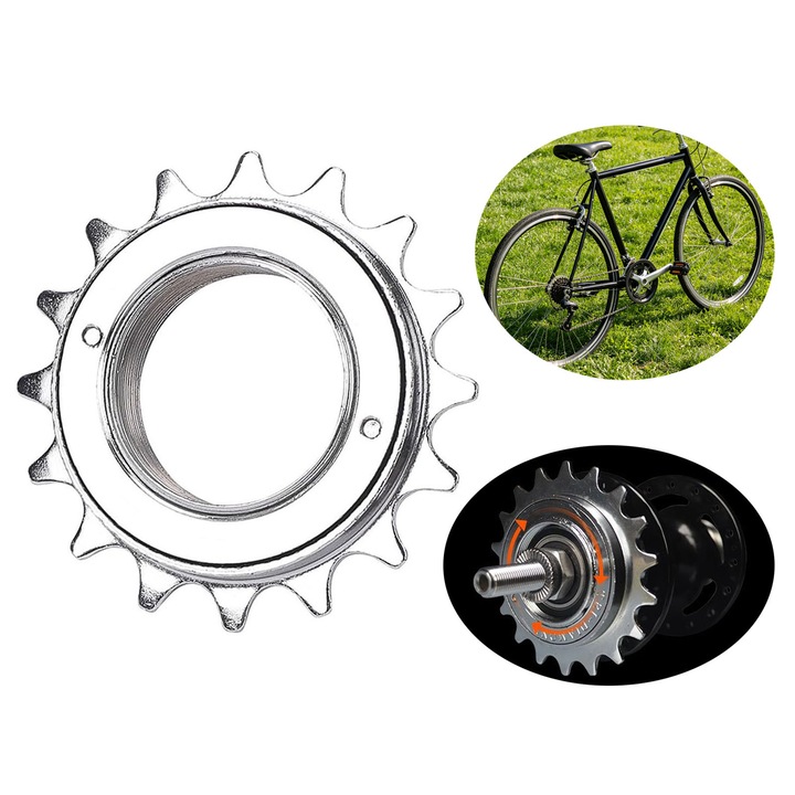 Pinion bicicleta, Asskanaer, Pinion spate pe filet, Pinion single speed extra strong, 16 dinti, Prindere pe filet, Rotatie silentioasa, Pentru biciclete de oras/biciclete pliabile, Fier, Diametru interior de 34 mm, Argint