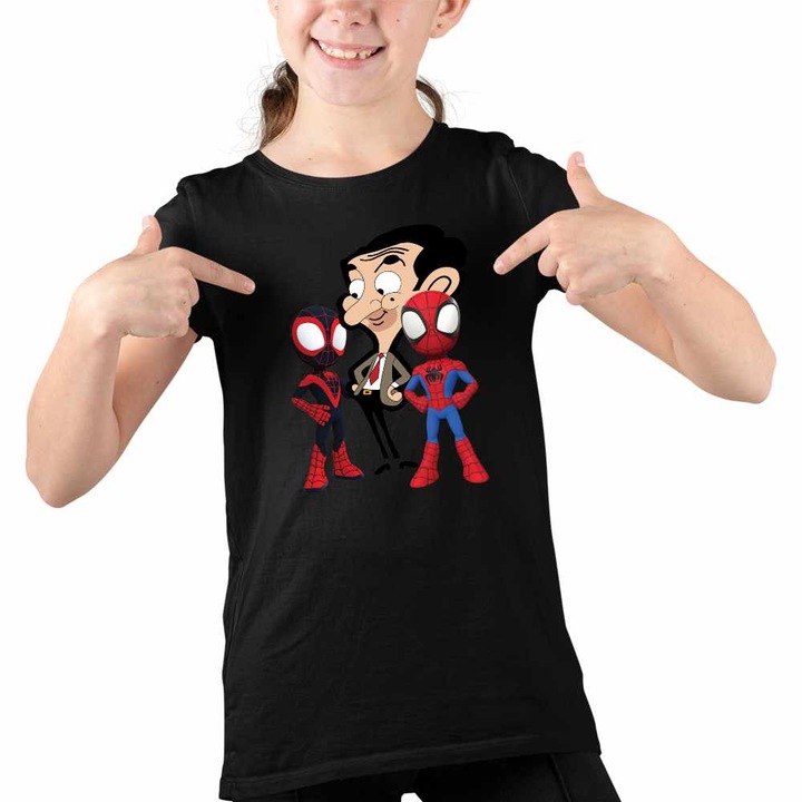 Tricou Copii Fete Mr Bean Paienjenel Spiderman, Fekete