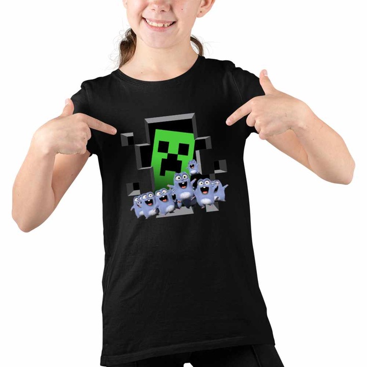 Tricou Copii Fete Lemmings Minecraft Lemingi Creeper, Fekete