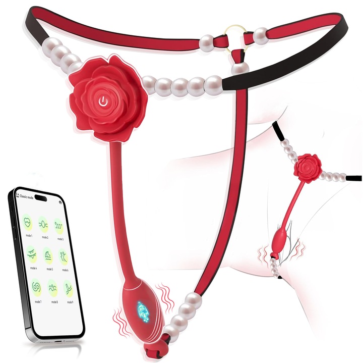 Вибратор T-стринг за жени | Мощен мотор 12000 RPM, 9 режима на вибрация, управление чрез приложение, водоустойчив IPX7, първокласен силикон, червен, 5 см