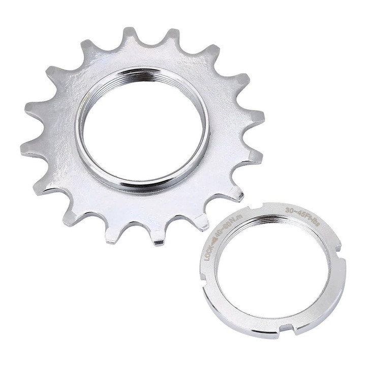 Pinion de bicicleta, Asskanaer, Kit pinion single speed 16T, Piese pentru pinioane volanta, Echipata cu un uinel de fixaren, Prindere pe filet, Otel, 16T, Argintie