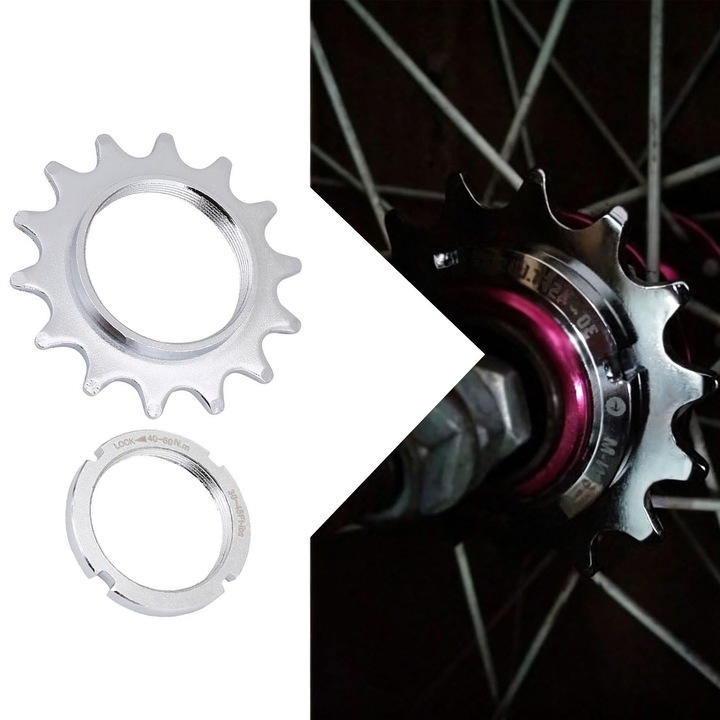 Pinion de bicicleta volant mort, Asskanaer, Kit pinion single speed 14T, Piese pentru pinioane volanta, Echipata cu un uinel de fixaren, Prindere pe filet, Otel, 14T, Argintie