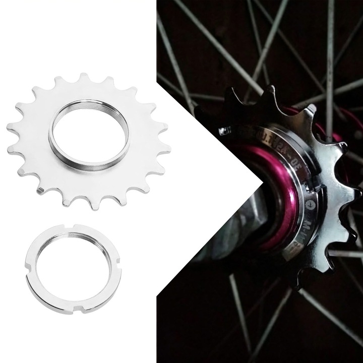 Pinion de bicicleta volant mort, Asskanaer, Kit pinion single speed 18T, Piese pentru pinioane volanta, Echipata cu un uinel de fixaren, Prindere pe filet, Otel, 18T, Argintie