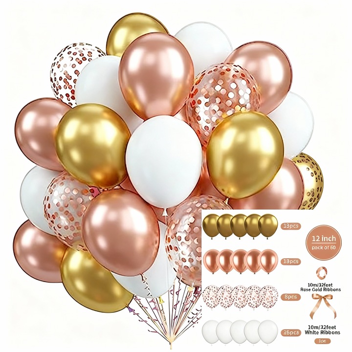 Комплект 60 балона, тъмнорозови и златисти, Huideng, Classic