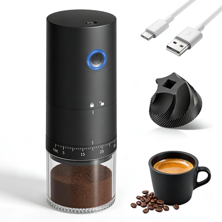 Rasnita de cafea Electrica, Ultrixe, Burghiu Ceramic, 13W, Granulatie Reglabila, Bol Detasabil, Acumulator 1500mAh Reincarcabil USB C, Capacitate 25g Boabe, Portabila si Compacta, Negru
