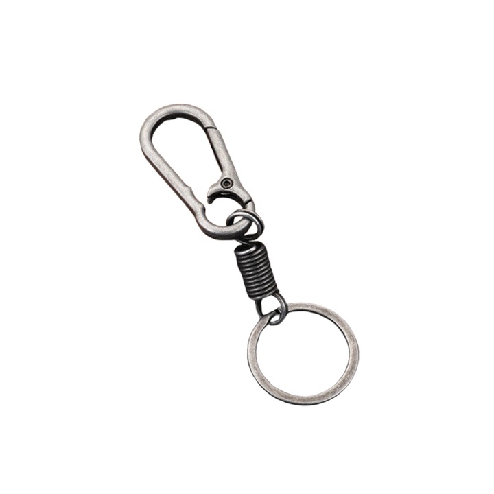 Fém autó kulcstartó rugóval, övre rögzíthető, multifunkcionális, uniszex, retro ezüst szín