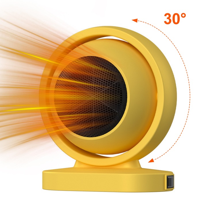 Aeroterma Ultrixe, 380W Incalzitor de Masa, Incalzire de 2 Secunde, Protectie supra-incalzire si Impotriva Rasturnarii, Oscilatie 30°, Pornire cu un singur clic, pentru casa, dormitor sau birou, Galben