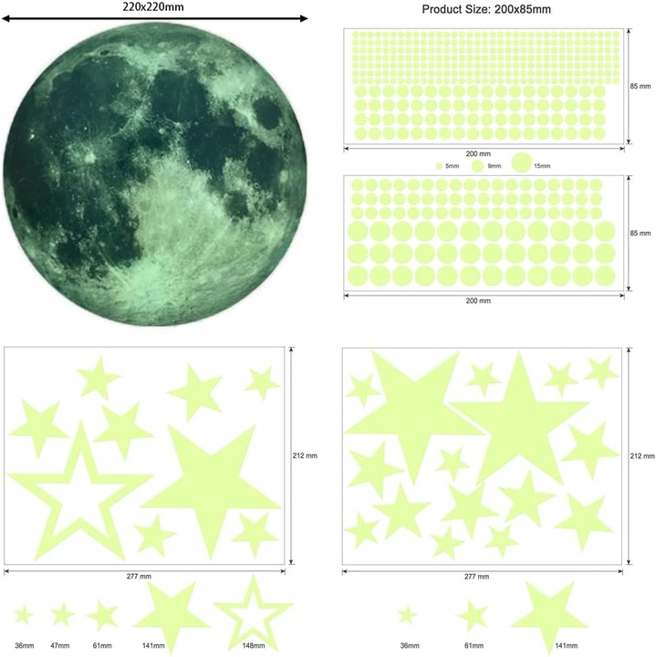Комплект 433 светещи в тъмното стикера, Enforose, луна и звезди