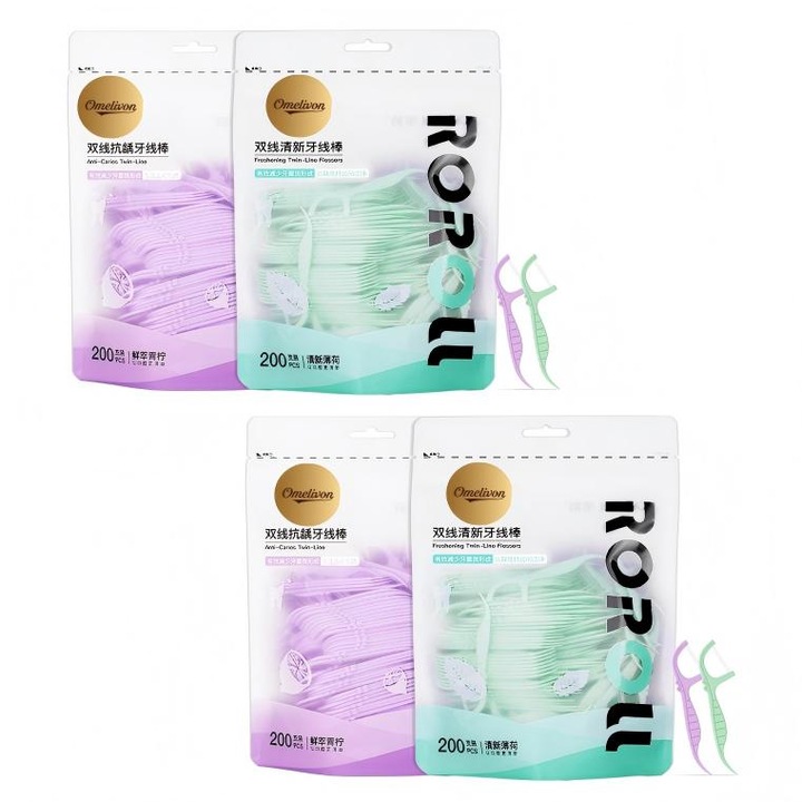 Set 800 buc Scobitori pentru Ata Dentara, Omelivon, Aroma de Lime, Verde Mediu|Violet Pastel, 8cm