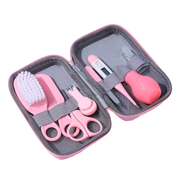 Set de ingrijire pentru bebelusi, SuooTci, 8 in 1, cu perie, pieptene, foarfece, cleste unghii, aspirator nazal, periuta de degete, roz, 17x11cm