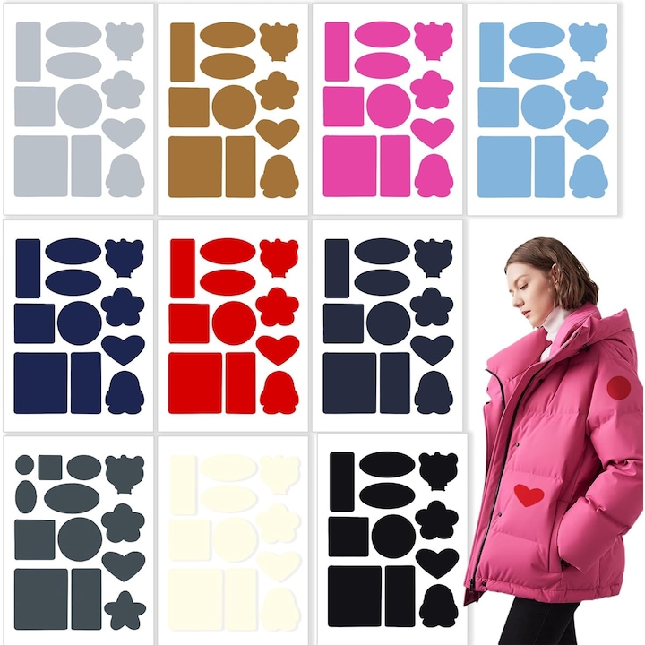Kit de reparare a peticelor pentru jachete cu puf, 110 bucati de petice din nailon autoadezive, reparatii pentru petice de jachete cu puf in mai multe culori pentru jachete, Elte, imbracaminte de exterior, sac de dormit