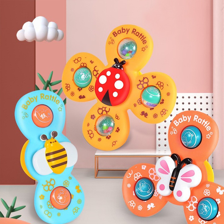 Комплект от 3 интерактивни играчки за бебета, Спинър с вендуза, ABS/силикон, въртяща се играчка за деца над 12 месеца +, Swjoyol, оранжев/син/жълт