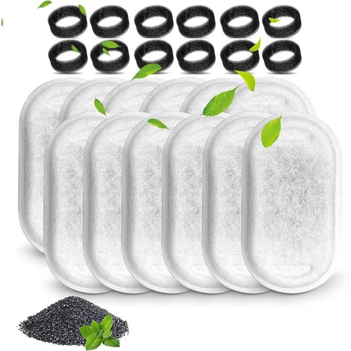 Filtru pentru fantana de apa pentru pisici, set de 12 filtre si 12 bureti, compatibil cu fantani din otel inoxidabil