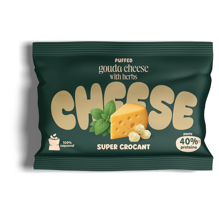 Snack proteic Puffs, Green Roots, High Protein, super crocante de cascaval expandat Gouda cu ierburi, fara zahar, 15g