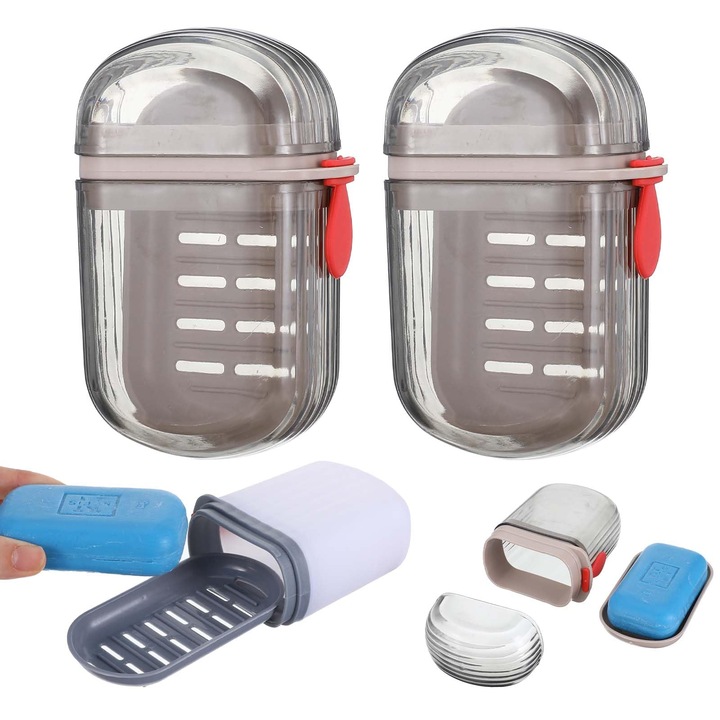 Комплект 2 броя пътуваща сапунерка, с капак, прозрачна, с дренажен слой, 11.5x6.5x4.35 см, сив, бял