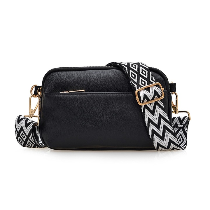 Női válltáska, vegán bőrből, 3 zsebbel, fekete színű, 20x12.5x4.5cm