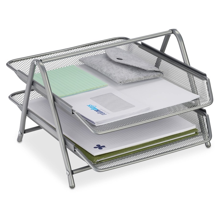 Dokumentumtálca, 2 rekeszes, fém, szürke, 20.5x30x35.5cm