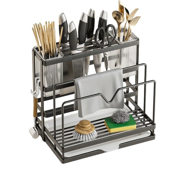 Repülő késállvány, többfunkciós fém tárolóállvány, kihúzható leeresztő kannával, szürke