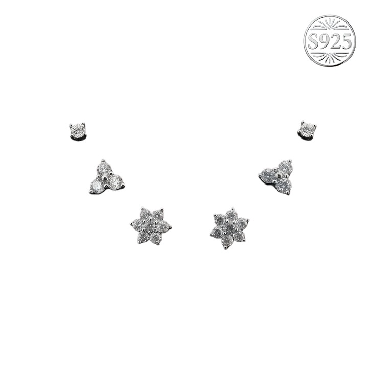 Set Cercei Femei din Argint 925 Placat Cu Platina – 3 Perechi: Cerc, Triunghi, Floare, Zirconiu 5A, Hipoalergenic, Cutie Cadou Eleganta