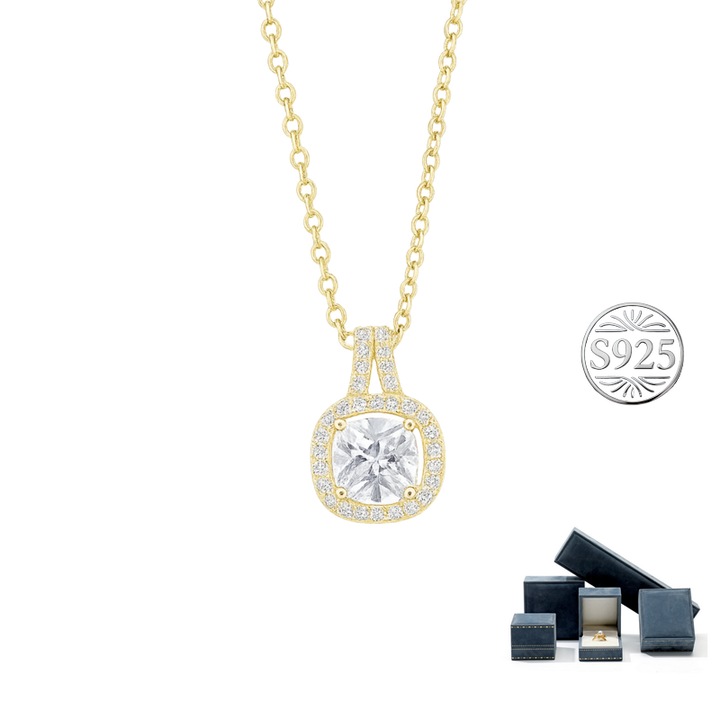 Colier Femei cu Zirconiu 5mm 5A – Argint 925 Placat Cu Aur 14K, Design Patrat, Halo Cu Pietre Mici, Hipoalergenic, Cutie Cadou Eleganta