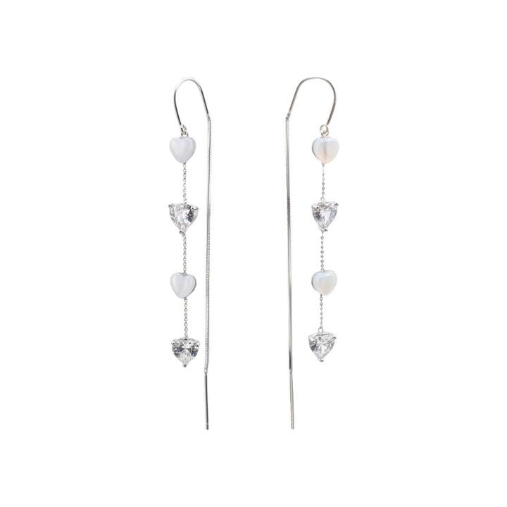 Cercei Femei cu Lant Lung – Cupru Placat Cu Platina, Inima Zirconiu 5A si Ochi de Pisica, Design Romantic