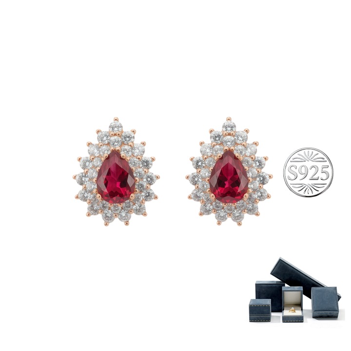 Cercei Femei in Forma de Picatura – Rubin Sintetic Clasa C1/B1, Argint 925 Placat cu Aur Roz, Doua Cercuri de Zirconi Mica，Cutie Cadou Inclusa