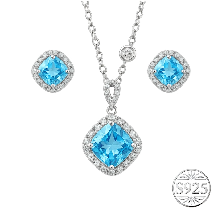 Set Bijuterii Femei – Argint 925 Placat Cu Platina, Zirconiu Albastru 6x6mm, Halo, Colier + Cercei, Hipoalergenic, Cutie Cadou Eleganta