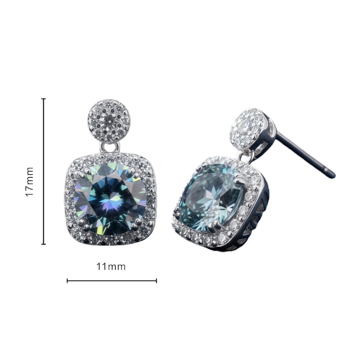 Cercei Femei cu Moissanite 2CT Verde Deschis – Argint 925, Design Patrat, Halo Cu Pietre Mici, Hipoalergenic, Cu Certificat GRA, Cutie Cadou Eleganta, Bijuterii de Lux, Optiune etica si ecologica
