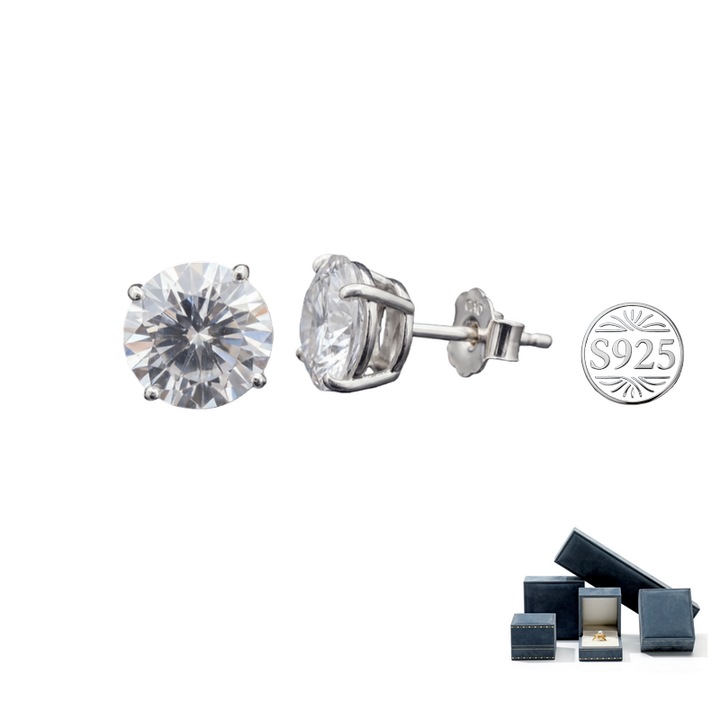 Cercei Femei cu Zirconiu 5A de 8mm – Argint 925 Placat cu Platina, Design Clasic Cu 4 Capete, Hipoalergenic, Cutie Cadou Inclusa