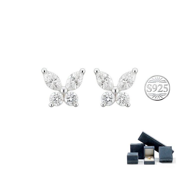 Cercei Femei cu Zirconiu 5A – Argint 925 Placat Cu Platina, Design Fluture, Aripile Din Pietre, Hipoalergenic, Cutie Cadou Eleganta