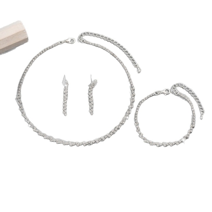 Set bijuterii de nunta pentru femei, colier cu cristale, bratara si cercei, argintiu, elegant