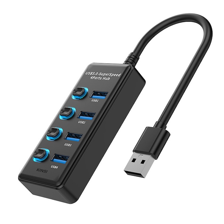 KINSI 4 portos USB 3.0 elosztó, független kapcsoló, LED jelzőfény, 5 Gbps átviteli sebesség, Type-C, 30 cm kábel, fekete