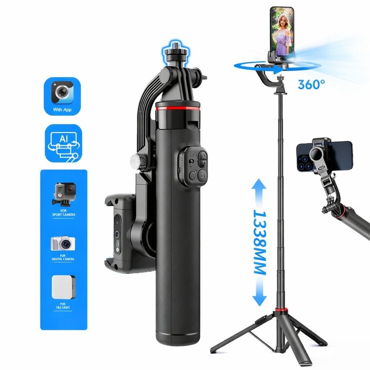 OWD C22 Gimbal Inteligent cu AI & Urmarire Faciala 360° – Stabilizator, Selfie Stick Extensibil si Trepied 3-in-1