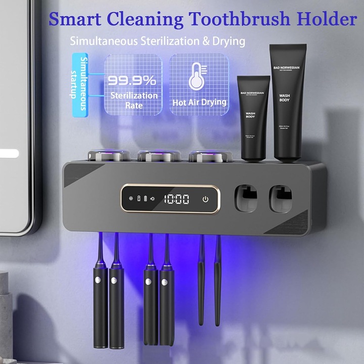 Suport pentru periuta de dinti SHIJOOE — 6 sloturi, 3 cani de clatire, multifunctional, purificare a aerului, montare pe perete, sterilizare UV, reincarcabila